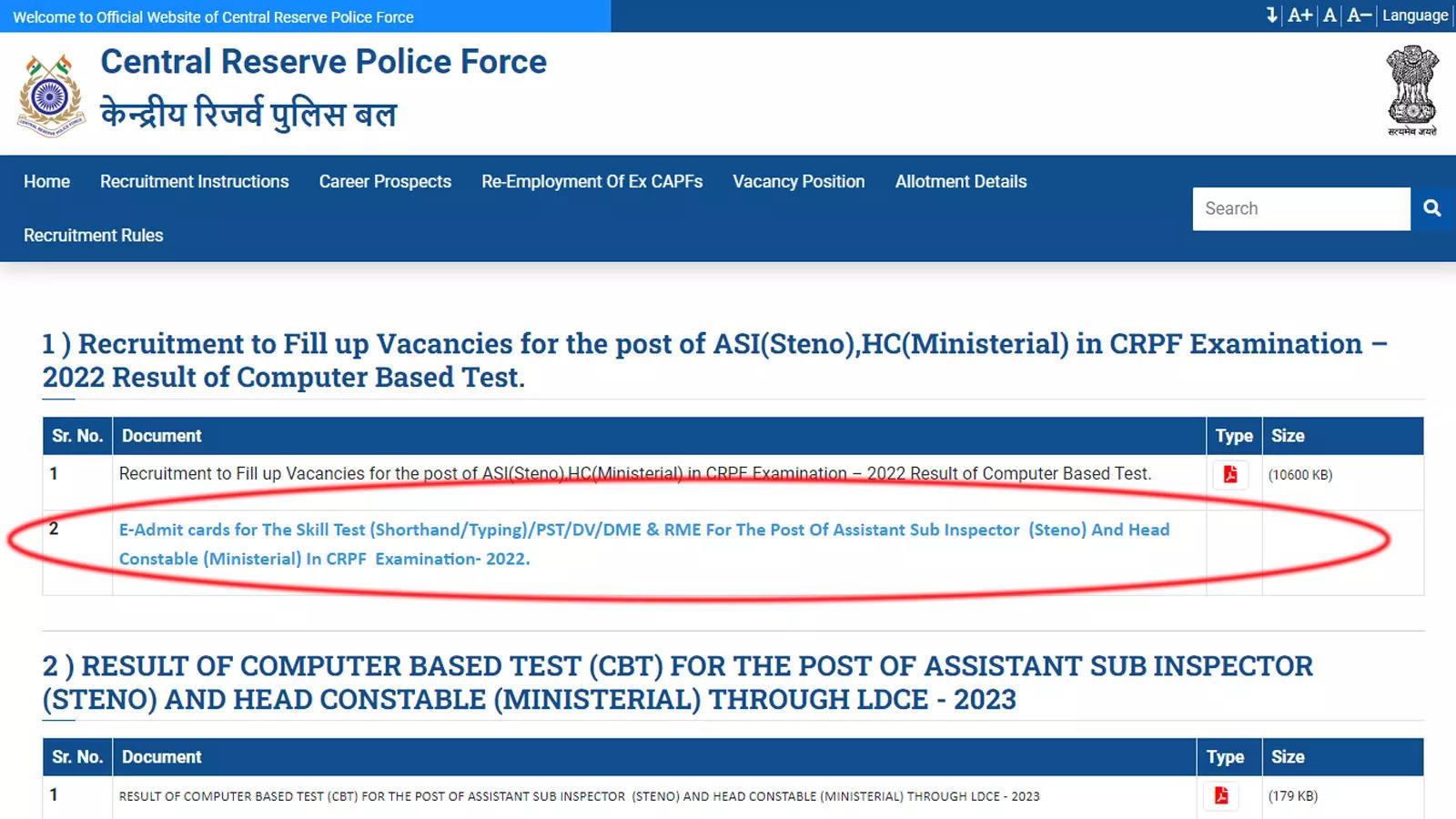 CRPF Admit Card 2023 For ASI Steno HCM Skill Test Released