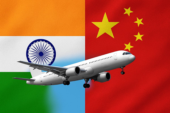 Airplane flying between Indian and Chinese flags