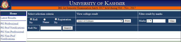 Kashmir University Results Kashmir University BG 1st Semester Result