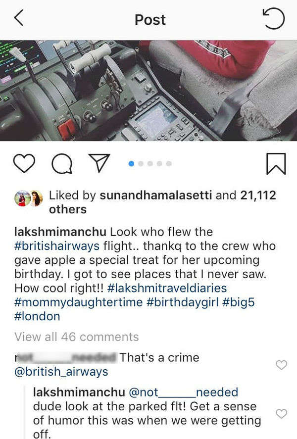 Lakshmi Manchu Slams A Netizen For Blaming The Private Airliner For