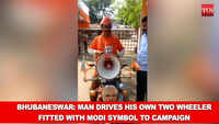 Bhubaneswar: Man drives his own two wheeler fitted with Modi symbol to campaign