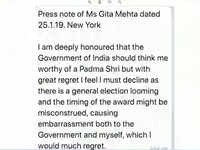 Odisha CM’s sister Gita Mehta declines Padma Shri