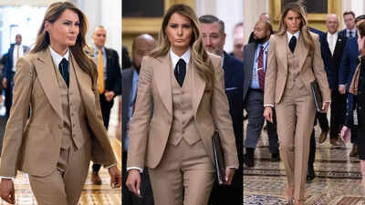 Melania Trump serves power-dressing lessons in a three-piece tan suit: A look at her signature menswear ensemble