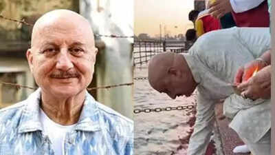Anupam Kher offers prayers at Ganga Ghat with mother Dulari, brother Raju Kher