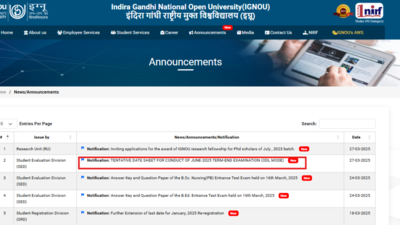 IGNOU June TEE 2025 tentative date sheet released: Check details here