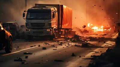 Man killed after dumper rams into container truck and catches fire