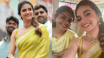Keerthy Suresh brings breezy glamour to Vijayawada in mint silk saree and blossoms