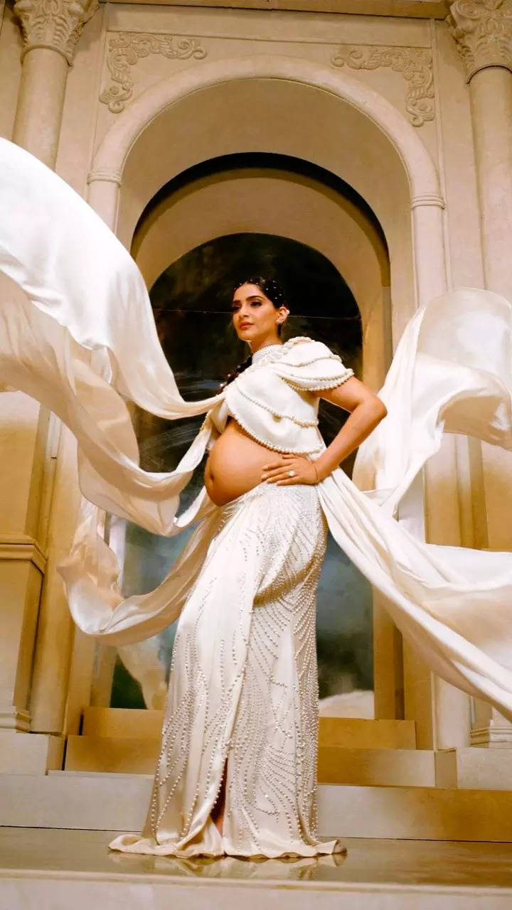 Pregnant Sonam Kapoor in ivory drape ensemble looks straight out