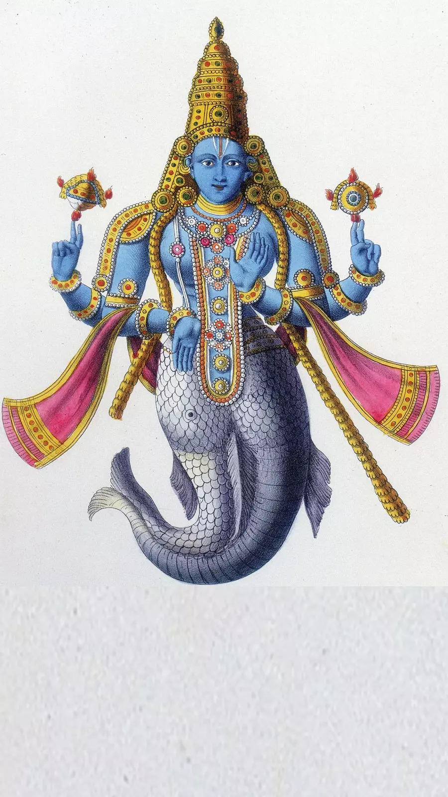 Matsya; Lord Vishnu in his avatar as a fish in order to save the world.  Gouache painting by an Indian artist. | Wellcome Collection
