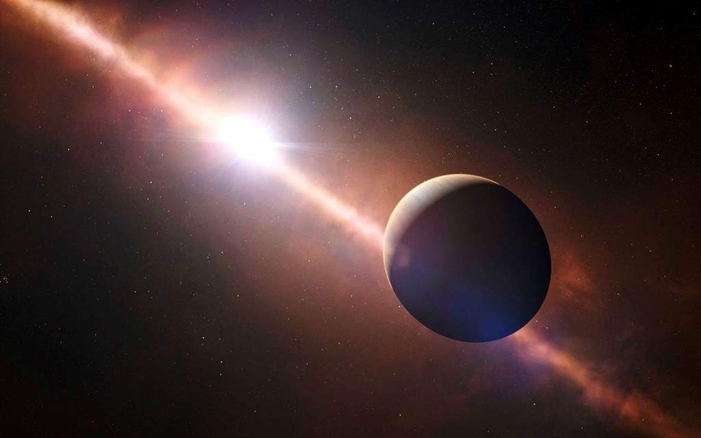 An exoplanet orbiting the young star Beta Pictoris, is seen in this artist's rendering courtesy of ESO L. Calçada/N. Risinger (skysurvey.org). This exoplanet is the first to have its rotation rate measured. Its eight-hour day corresponds to an equatorial rotation speed of 100,000 kilometers/hour, much faster than any planet in the Solar System. (REUTERS/ESO L. Calçada/N. Risinger (skysurvey.org)/Handout via Reuters)