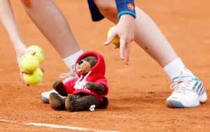 A soft toy being thrown on court in support of Bouchard. Credit:  Reuters