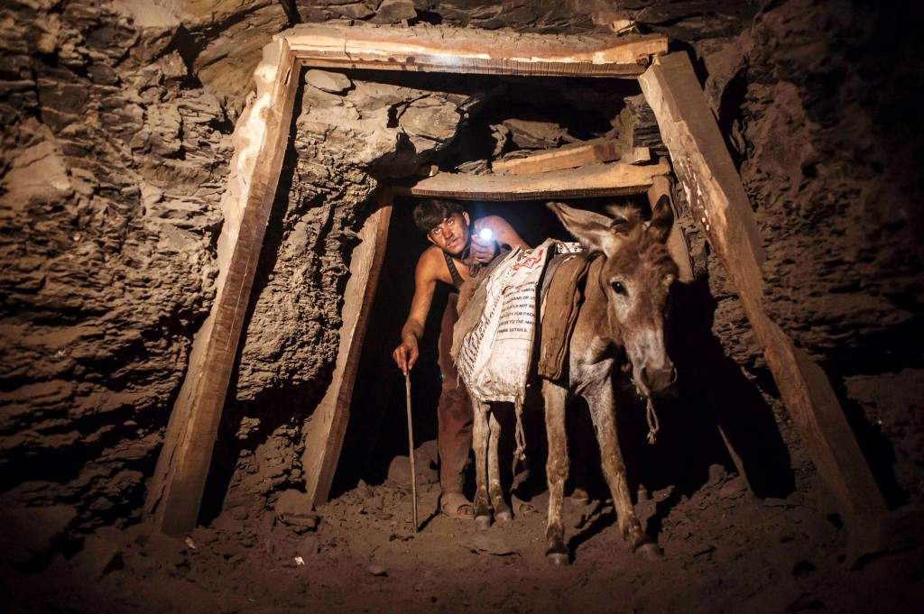 A miner with a donkey makes his way through the tunnel leading out of a coal mine in Choa Saidan Shah in Punjab province