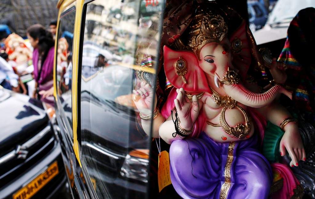 A statue of the Hindu god Ganesh in Mumbai. During the festival, the idols will be taken through the streets in a procession accompanied by dancing and singing, and will be immersed in a river or the sea. (REUTERS/Danish Siddiqui) 