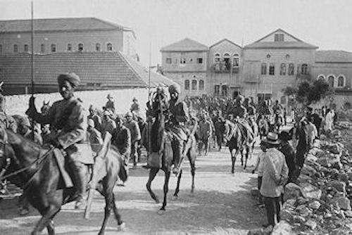 Indian lancers escort Turkish PoWs after they surrender Jerusalem in 1917