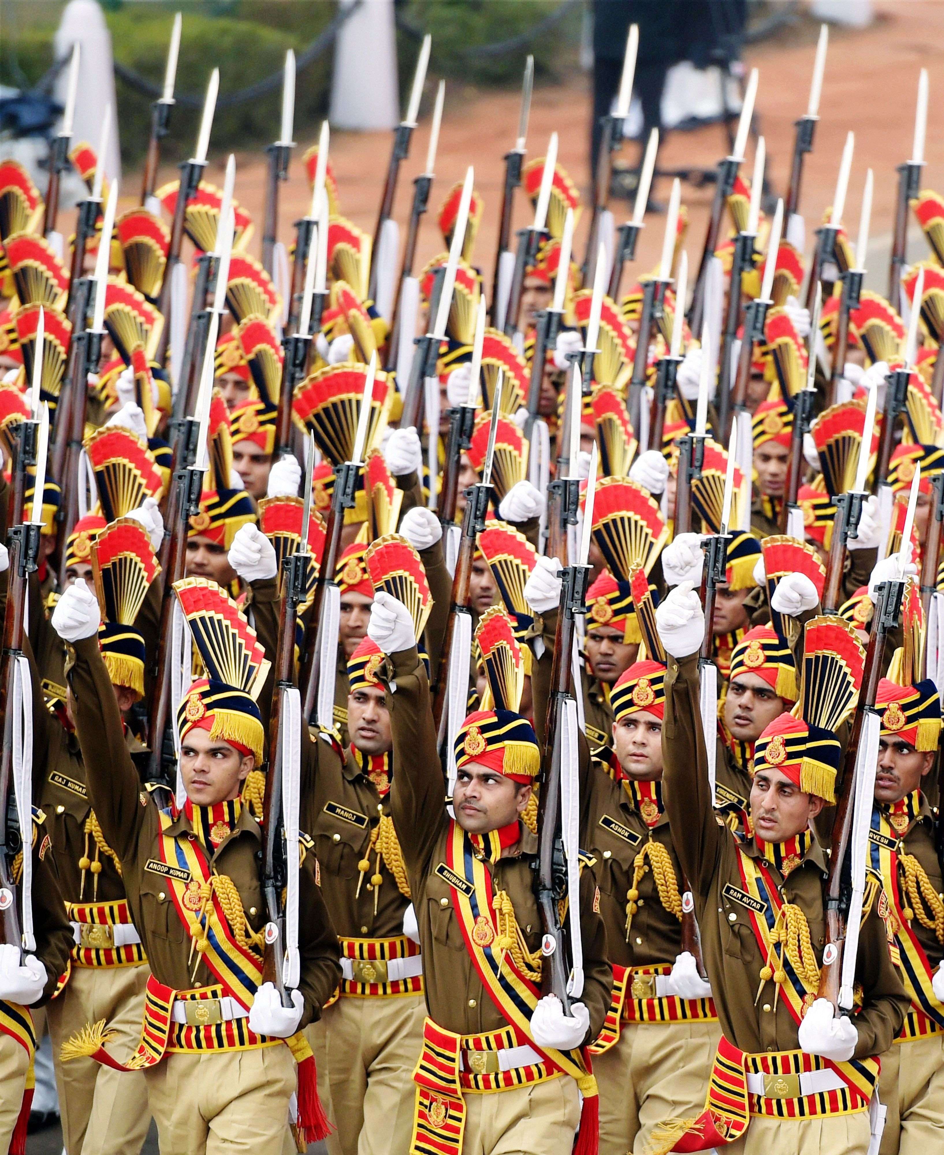 The Delhi Police contingent marches during the full dress rehearsal for the Republic Day parade at Rajpath in New Delhi. (PTI photo by Manvender Vashist)