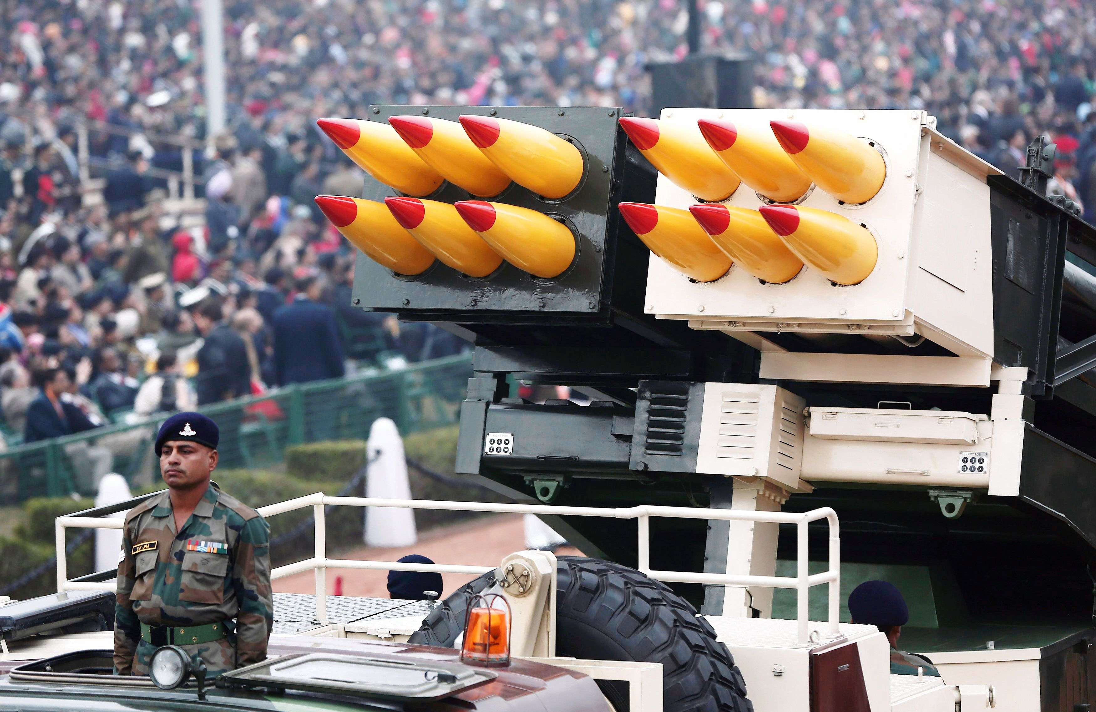Indian Army's Pinaka multi barrel rocket launcher systems are displayed during a full dress rehearsal for the Republic Day parade in New Delhi. (REUTERS/Adnan Abidi)
