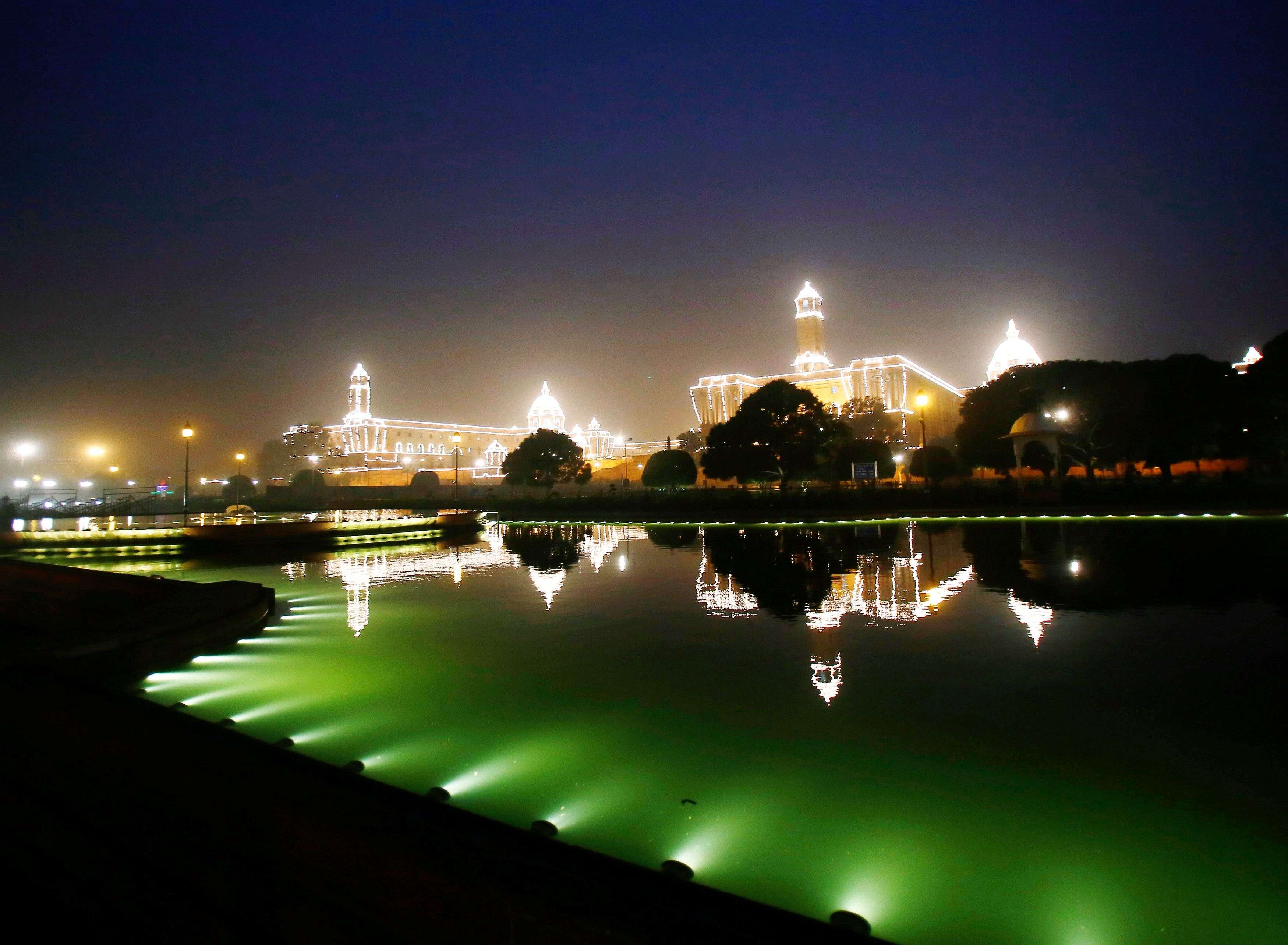 A general view of the defence ministry (L) and home ministry buildings, which are lit up ahead of the Republic Day celebrations in New Delhi. (REUTERS/Anindito Mukherjee) 