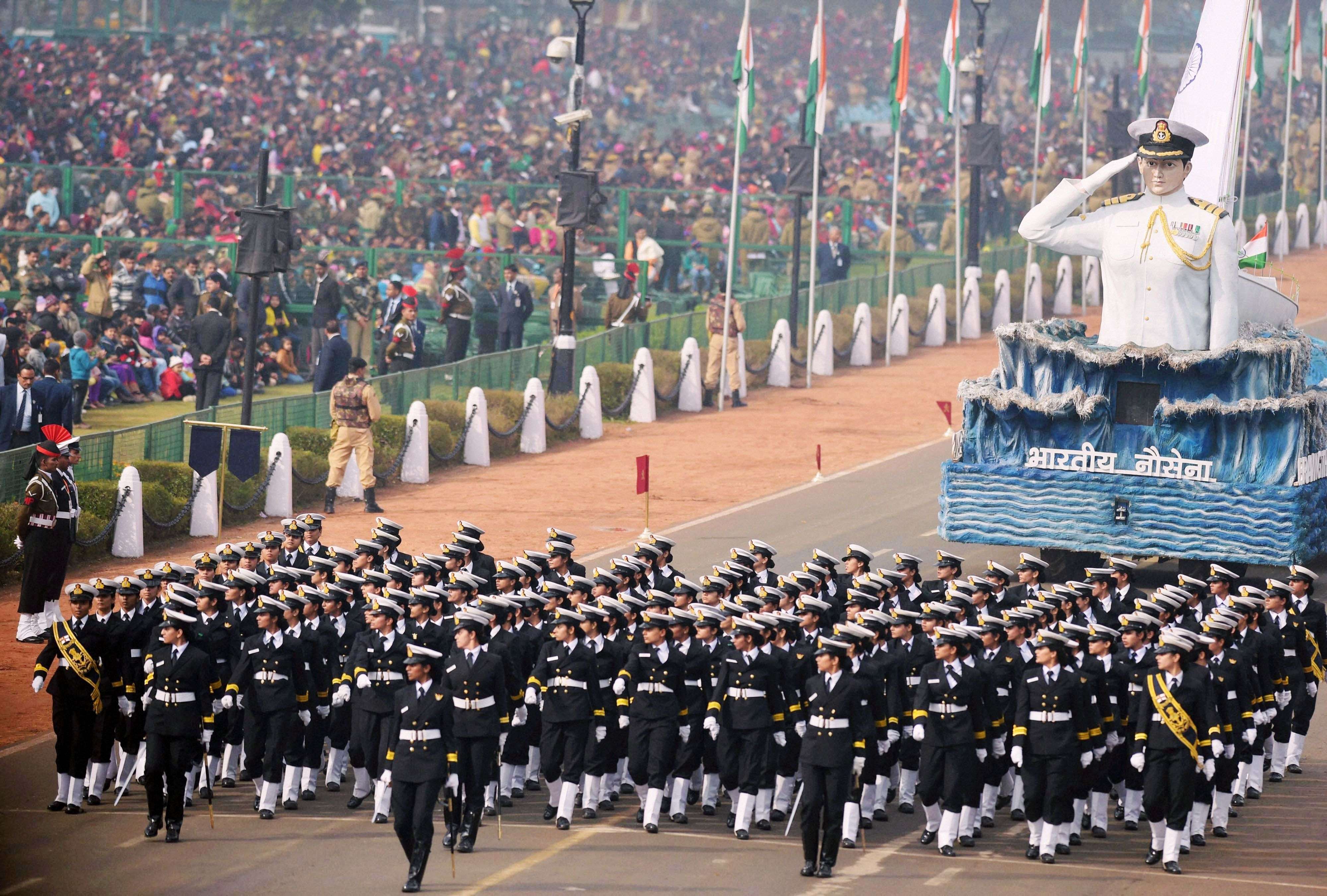Paramilitary soldiers march during the full dress rehearsal for the Republic Day parade at Rajpath in New Delhi. (PTI photo by Manvender Vashist)