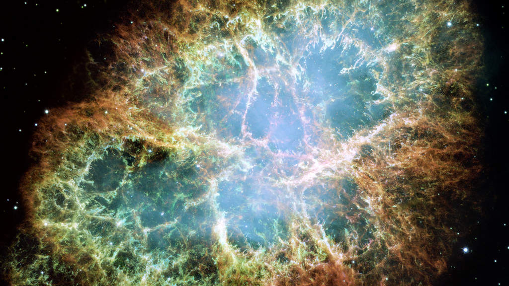 Crab Nebula: The Crab Nebula is a six-light-year-wide remnant of a star's supernova explosion. Japanese and Chinese astronomers recorded this violent event nearly 1,000 years ago in 1054, as did, almost certainly, Native Americans. A rapidly spinning neutron star, the dense, crushed core of the exploded star, embedded in the center of the nebula powers the eerie interior bluish glow. (Courtesy: http://hubblesite.org/)