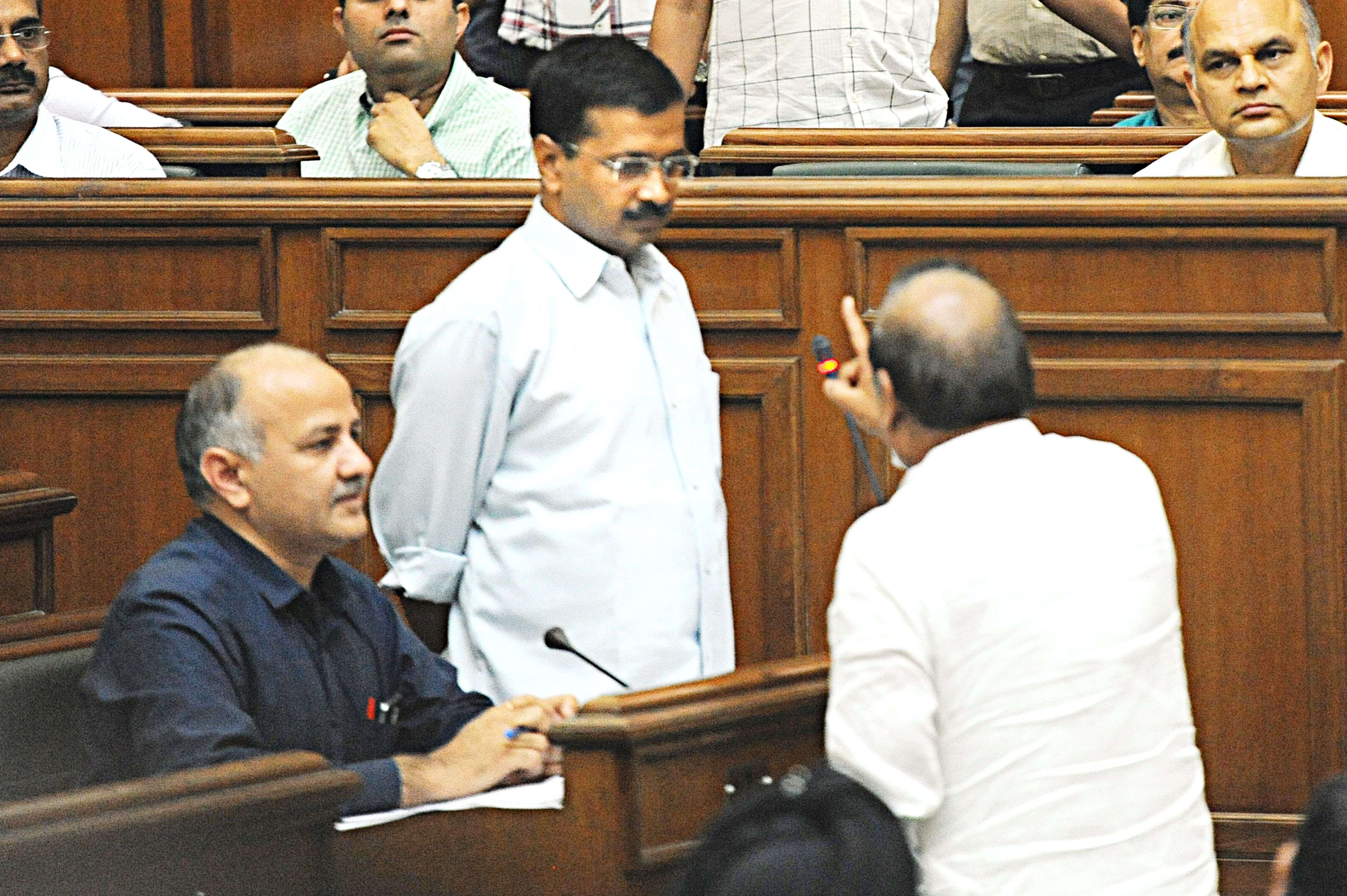 BJP MLA O.P. Sharma disrupting Delhi CM Arvind Kejriwal's speech. (TOI/ Anindya Chattopadhyay) 