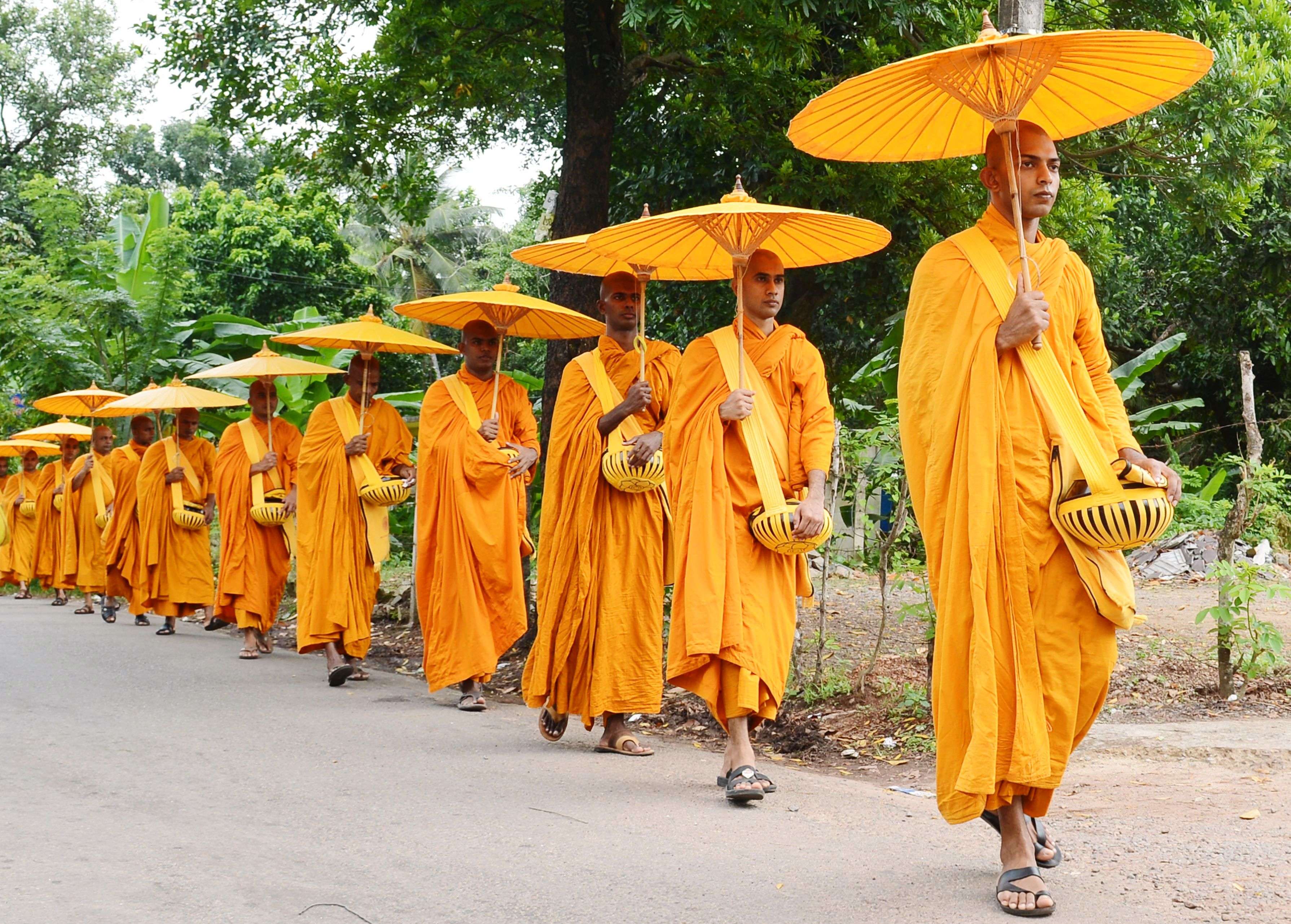 Sri Lankan Buddhist monks walk in line as they seek offerings of food in Colombo. The Buddhist majority nation later in the month will commemorate the introduction of Buddhism to the island, which spread with the arrival of Emperor Ashoka from neighbouring India during the 3rd century.(AFP/Lakruwan Wanniarachchi) 