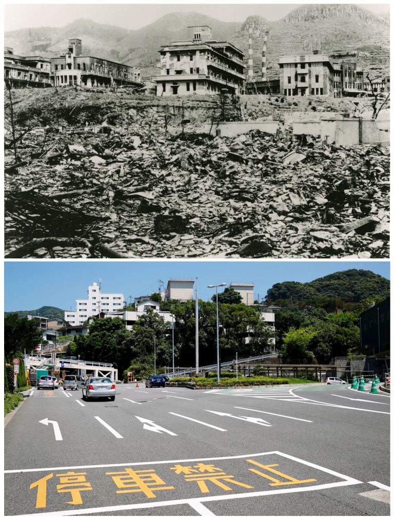 A combination picture shows the ruins of Nagasaki Medical College, destruction caused by the atomic bombing of Nagasaki on August 9, 1945 in this undated handout photo taken by Torahiko Ogawa and distributed by Nagasaki Atomic Bomb Museum (top) and the same location in Nagasaki, Japan July 31, 2015. (REUTERS/Torahiko Ogawa/Nagasaki Atomic Bomb Museum /Handout via Reuters/Issei Kato)