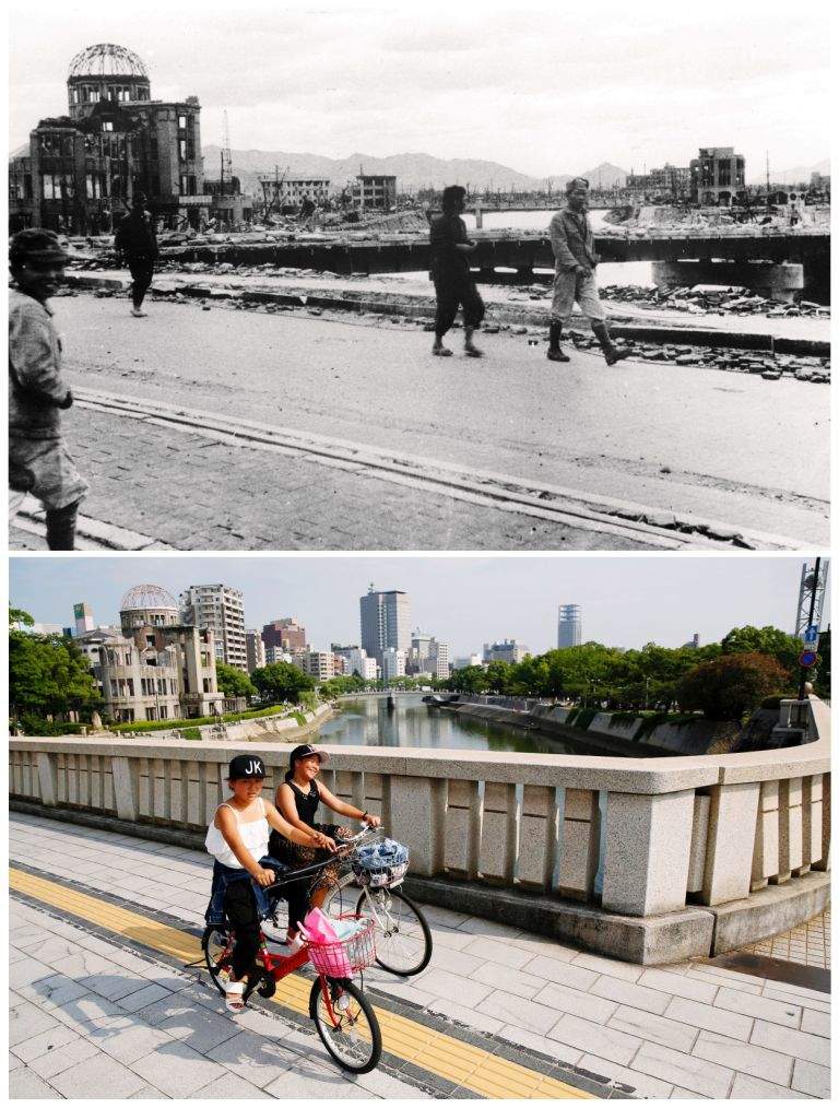 A combination picture shows the gutted Hiroshima Prefectural Industrial Promotion Hall (L), which is currently called the Atomic Bomb Dome or A-Bomb Dome, as people walk on Aioi Bridge in Hiroshima, after the atomic bombing of Hiroshima on August 6, 1945, in this handout photo taken by Shigeo Hayashi in October 1945 and released by the Hiroshima Peace Memorial Museum (top), and the same location on July 28, 2015. (REUTERS/Shigeo Hayashi/Hiroshima Peace Memorial Museum/Handout via Reuters/Issei Kato)