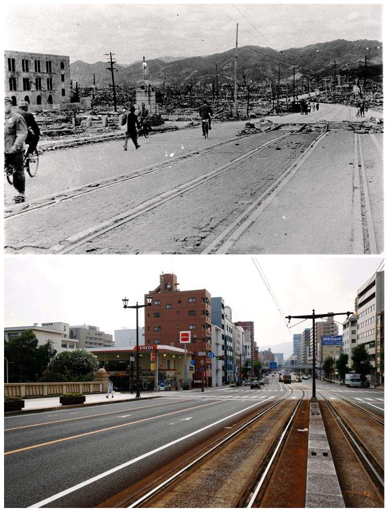 A combination picture shows local residents walking near Aioi Bridge in Hiroshima, after the atomic bombing of Hiroshima on August 6, 1945, in this handout photo taken by Shigeo Hayashi in October 1945 and released by the Hiroshima Peace Memorial Museum (top), and the same location on July 28, 2015. (REUTERS/Shigeo Hayashi/Hiroshima Peace Memorial Museum/Handout via Reuters/Issei Kato)