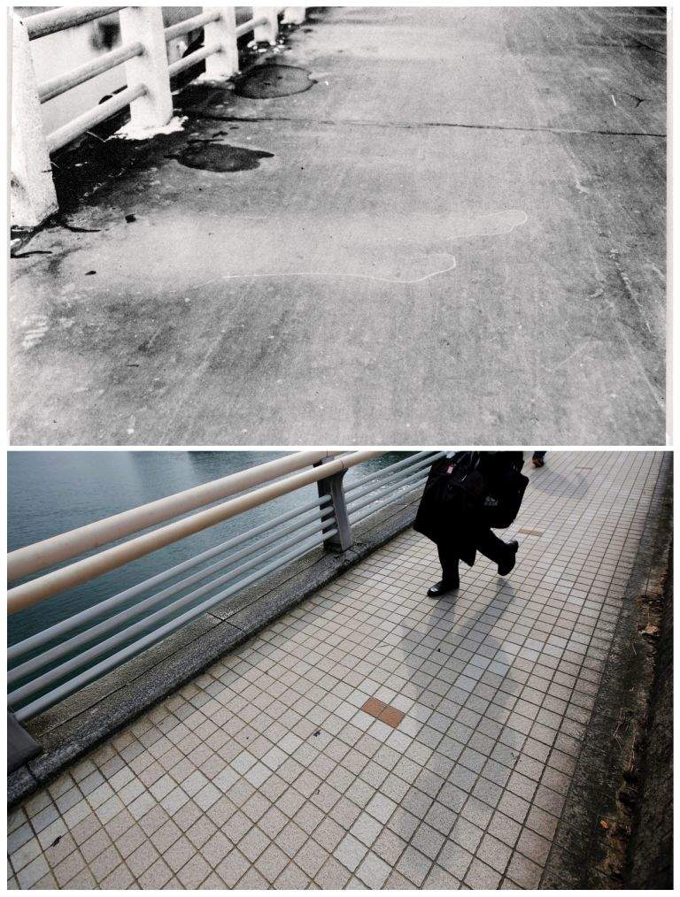 A combination picture shows the etched shadow of a passerby that was imprinted on the road surface of Yorozuyo Bridge, due to the heat of the atomic bombing of Hiroshima on August 6, 1945, in this handout photo taken by the U.S. Army between October and November 1945 and distributed by the Hiroshima Peace Memorial Museum (top), and the same location on July 29, 2015. This location was 860 meters (2,822 ft) from the centre of the blast; the unshielded asphalt surface was scorched, while the areas that were shielded are a lighter colour.(REUTERS/U.S. Army/Hiroshima Peace Memorial Museum/Handout via Reuters/Issei Kato)