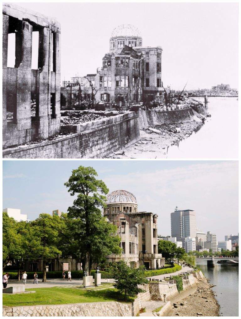 A combination picture shows the gutted Hiroshima Prefectural Industrial Promotion Hall (C), currently called the Atomic Bomb Dome or A-Bomb Dome, in Hiroshima after the atomic bombing of Hiroshima on August 6, 1945, in this handout photo taken by Masami Oki on August 20, 1945 and distributed by the Hiroshima Peace Memorial Museum (top), and the same location on July 28, 2015. (REUTERS/Masami Oki/Hiroshima Peace Memorial Museum/Handout via Reuters/Issei Kato)