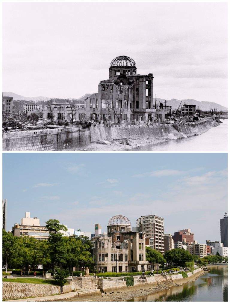A combination picture shows the gutted Hiroshima Prefectural Industrial Promotion Hall (C), which is currently called the Atomic Bomb Dome or A-Bomb Dome, after the atomic bombing of Hiroshima on August 6, 1945, in this undated handout photo taken by Toshio Kawahara and released by his grandchild Yoshio Kawamoto (top), and the same location near Aioi Bridge in Hiroshima on July 28, 2015. (REUTERS/Toshio Kawamoto/Yoshio Kawamoto/Handout via Reuters/Issei Kato)