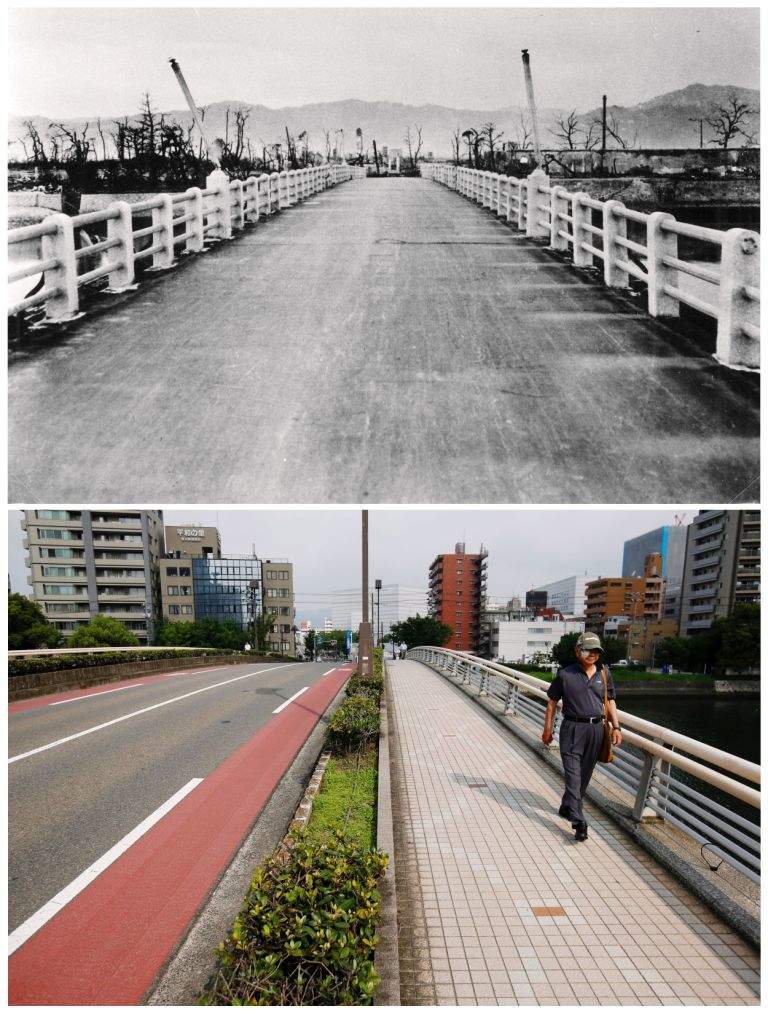 A combination picture shows the shadows of railings that were imprinted on the road surface of Yorozuyo Bridge by the heat of the atomic bombing of Hiroshima on August 6, 1945, in this undated handout photo taken by the U.S. Army and distributed by the Hiroshima Peace Memorial Museum (top), and the same location on July 29, 2015. This location was 860 meters (2,822 ft) from the centre of the blast, the unshielded asphalt surface was scorched, while the areas that were shielded by the railing are a lighter colour. (REUTERS/U.S. Army/Hiroshima Peace Memorial Museum/Handout via Reuters/Issei Kato)