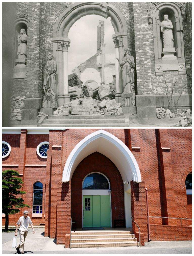 A combination picture shows the south face of Urakami Cathedral, which was destroyed by the atomic bombing of Nagasaki on August 9, 1945, in this undated handout photo taken by Hisashi Ishida and distributed by the Nagasaki Atomic Bomb Museum (top) and the rebuilt cathedral in Nagasaki, Japan July 31, 2015. (REUTERS/Hisashi Ishida/Nagasaki Atomic Bomb Museum/Handout via Reuters/Issei Kato)