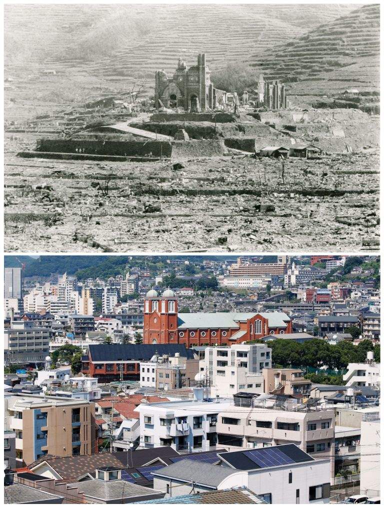 A combination picture shows the Urakami Cathedral (C), which was destroyed by the atomic bombing of Nagasaki on August 9, 1945, in this undated handout photo taken by Shigeo Hayashi and distributed by the Nagasaki Atomic Bomb Museum (top), and the rebuilt cathedral in Nagasaki, southwestern Japan, on July 31, 2015. (REUTERS/Shigeo Hayashi/Nagasaki Atomic Bomb Museum/Handout via Reuters/Issei Kato)