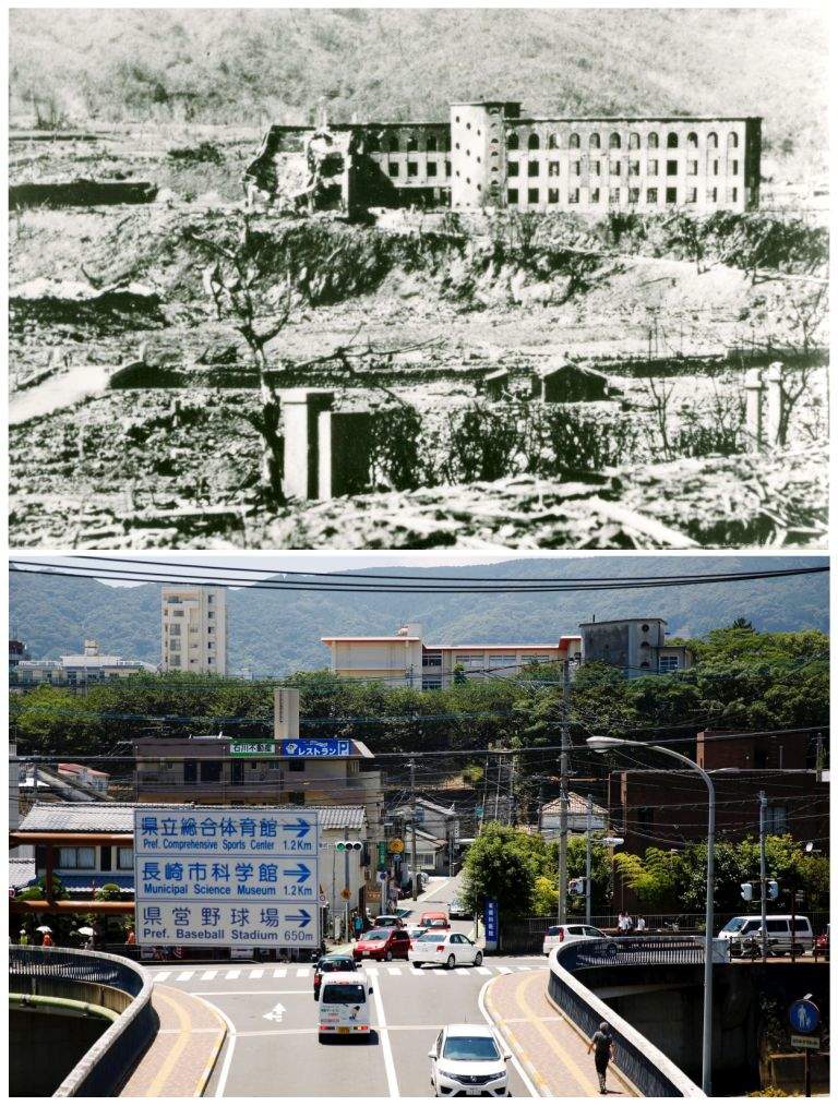 A combination picture shows the ruins of the Shiroyama National School (above C), which was destroyed by the atomic bombing of Nagasaki on August 9, 1945, in this undated handout photo taken by Shigeo Hayashi and distributed by the Nagasaki Atomic Bomb Museum (top), and the same location in Nagasaki, Japan on July 31, 2015. (REUTERS/Shigeo Hayashi/Nagasaki Atomic Bomb Museum/Handout via Reuters/Issei Kato) 