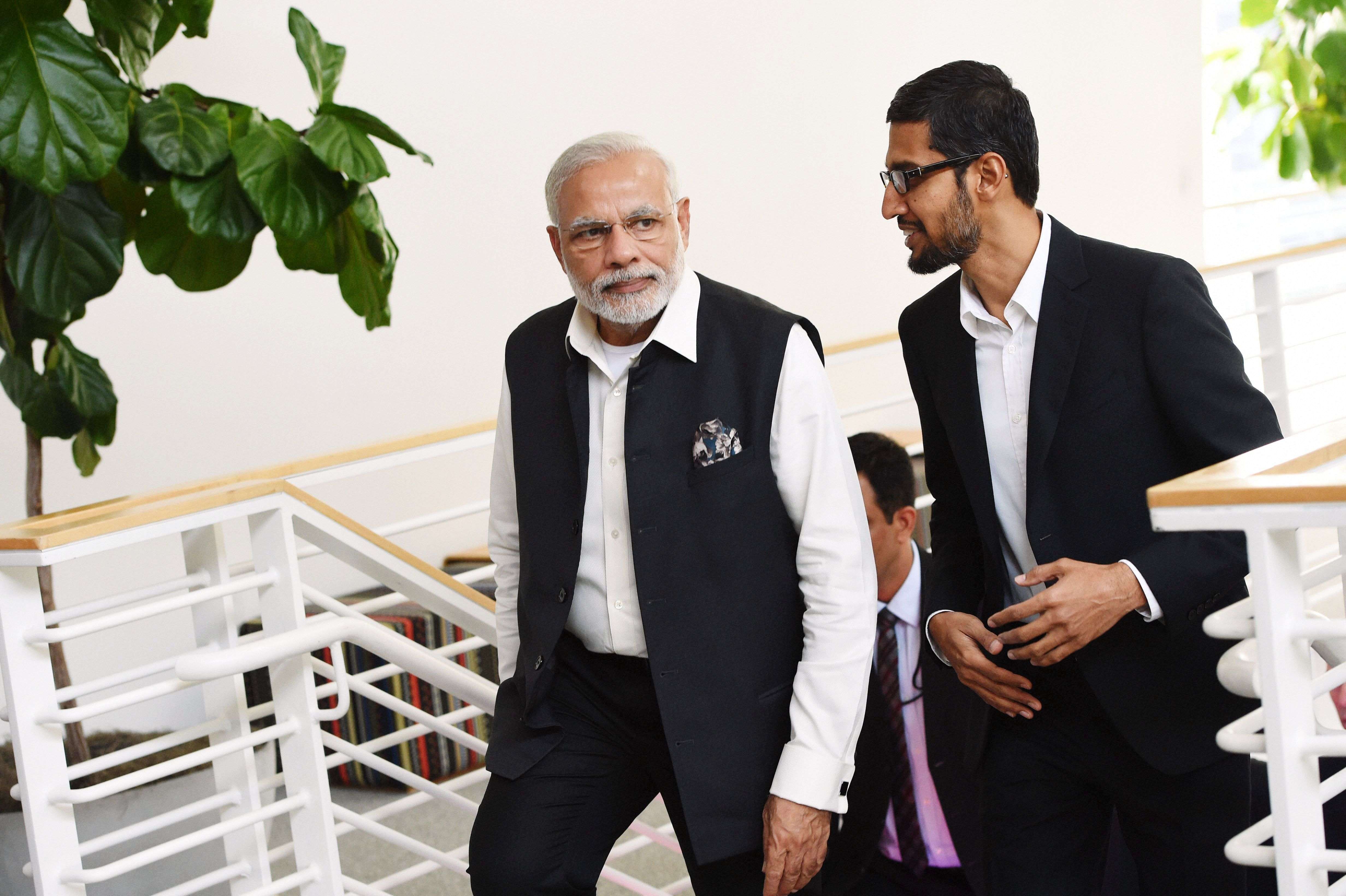 California: Prime Minister Narendra Modi takes a tour of Google HQ with CEO Sundar Pichai in Mountain View, California on Sunday.  PTI Photo by Subhav Shukla(PTI9_28_2015_000003A)