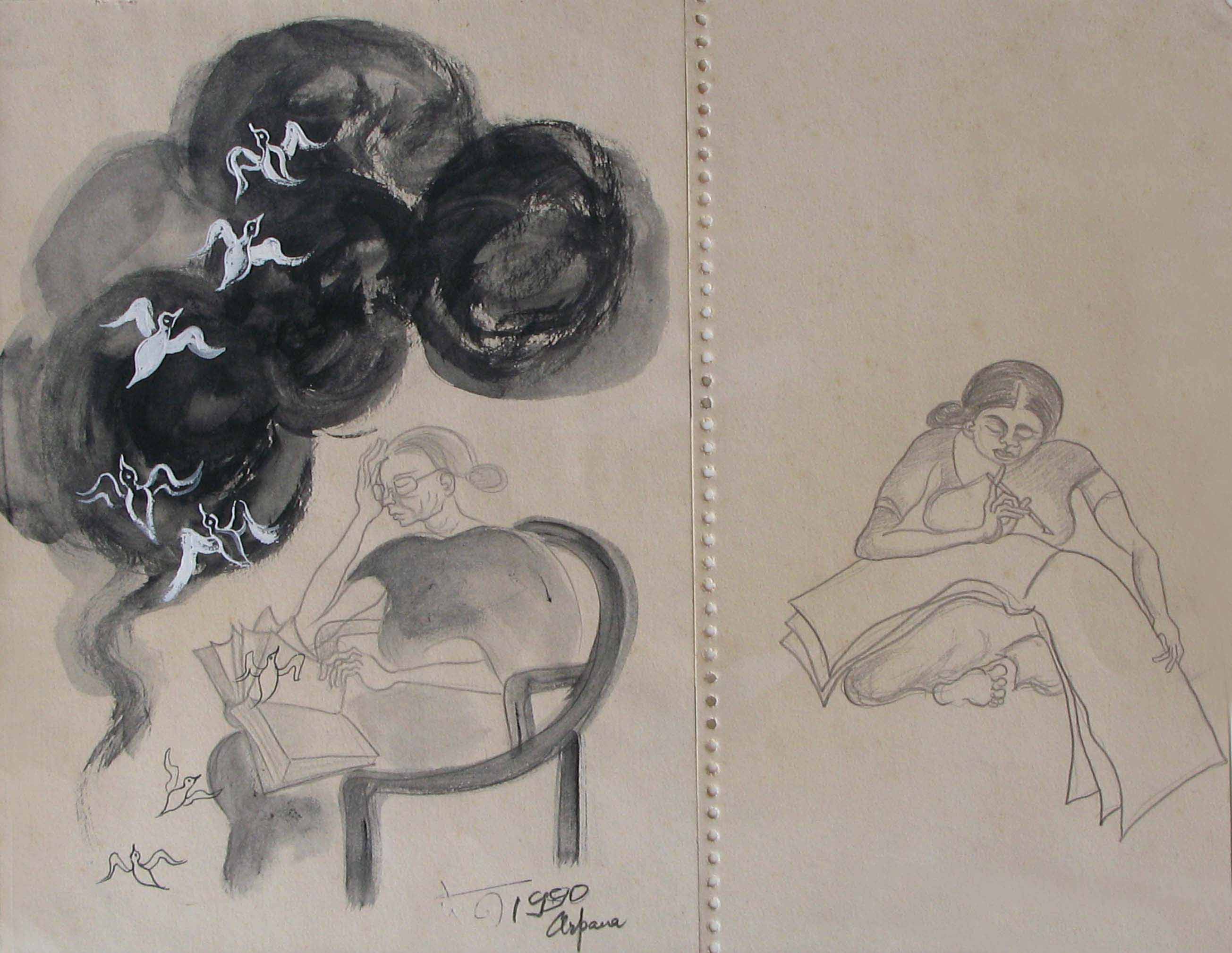 2-Mother Reading and Writing-Pencil and Water Colour-1990