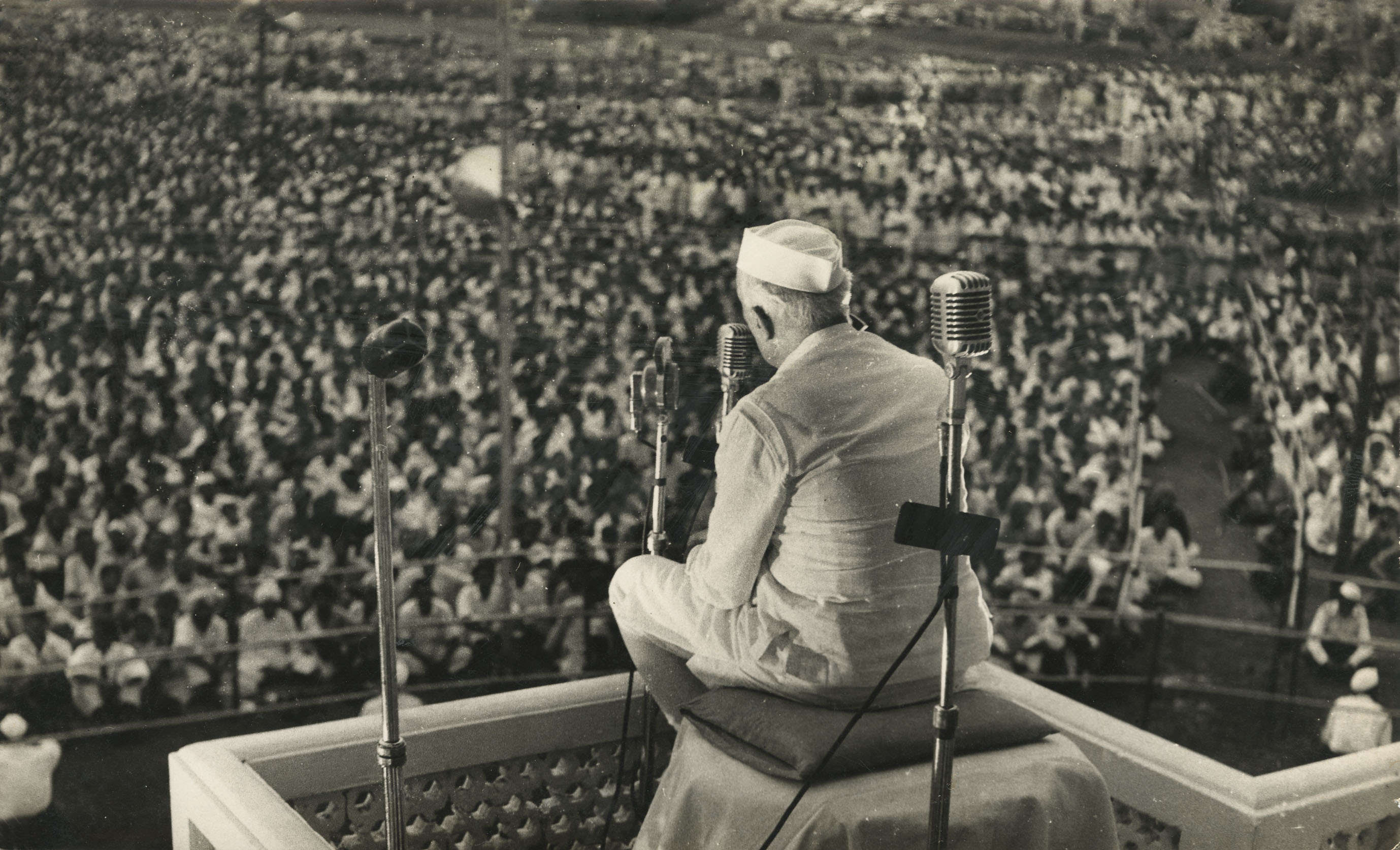 Prime Minister Pandit Jawaharlal Nehru addressing a public meeting on Ramlila Grounds in New Delhi on June 20, 1956, on the eve of his departure for Europe.