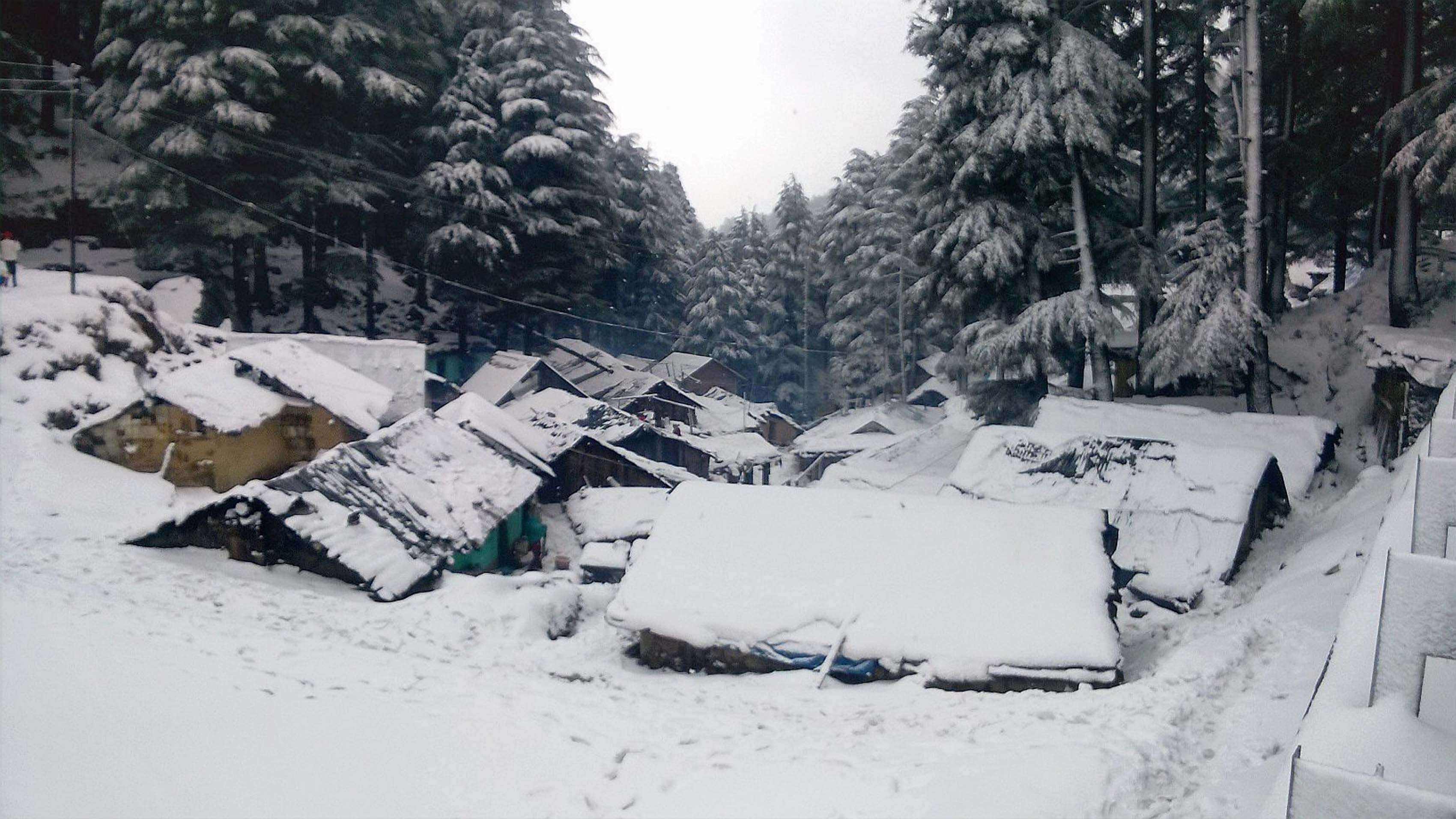 Dalhousie : A view of a snow covered locality after heavy snowfall in Dalhousie. (Photo courtesy: PTI)