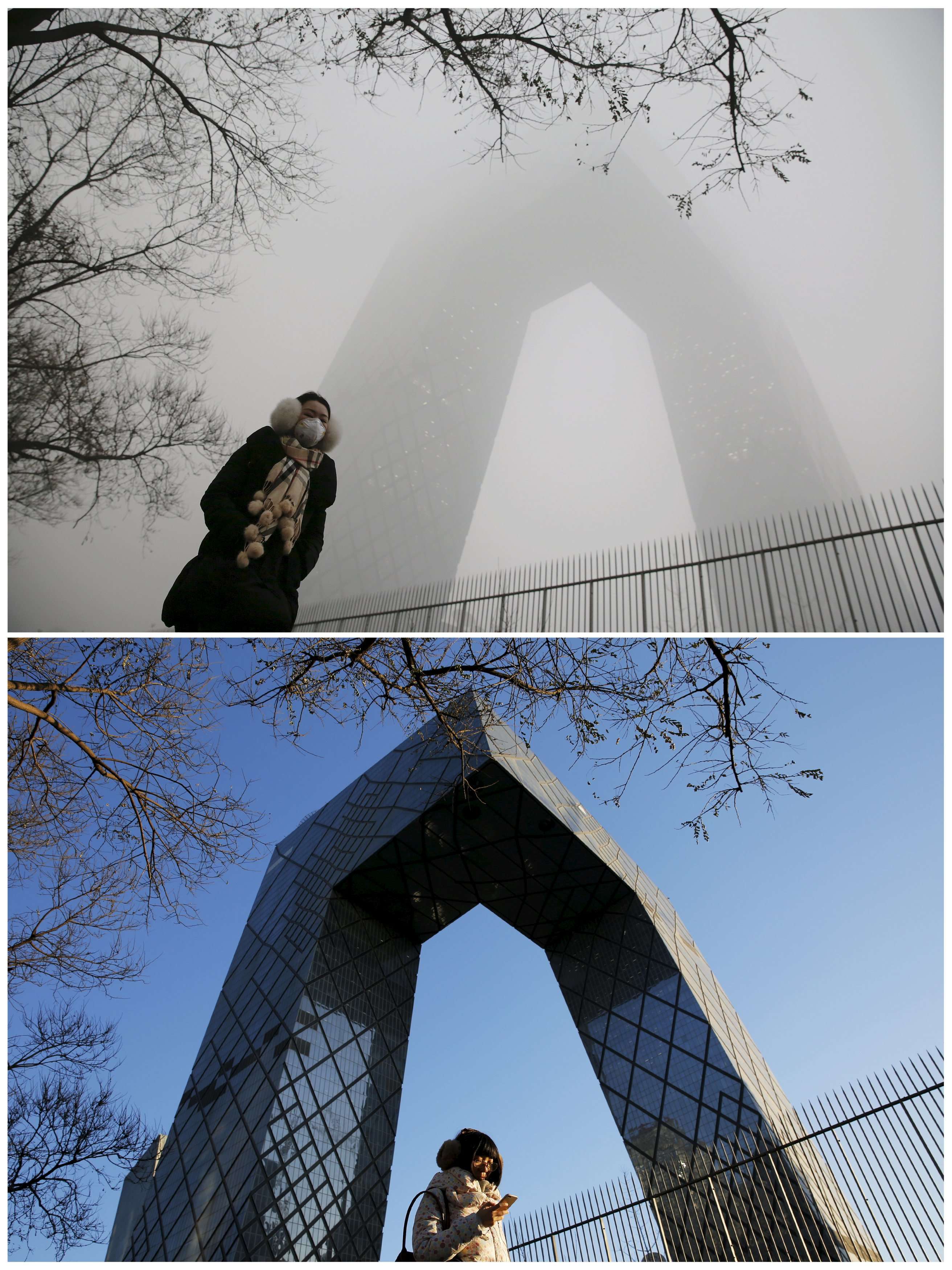 This photo combo shows a morning commuter walking in front of the China Central Television (CCTV) building on a smoggy day and a sunny day. 