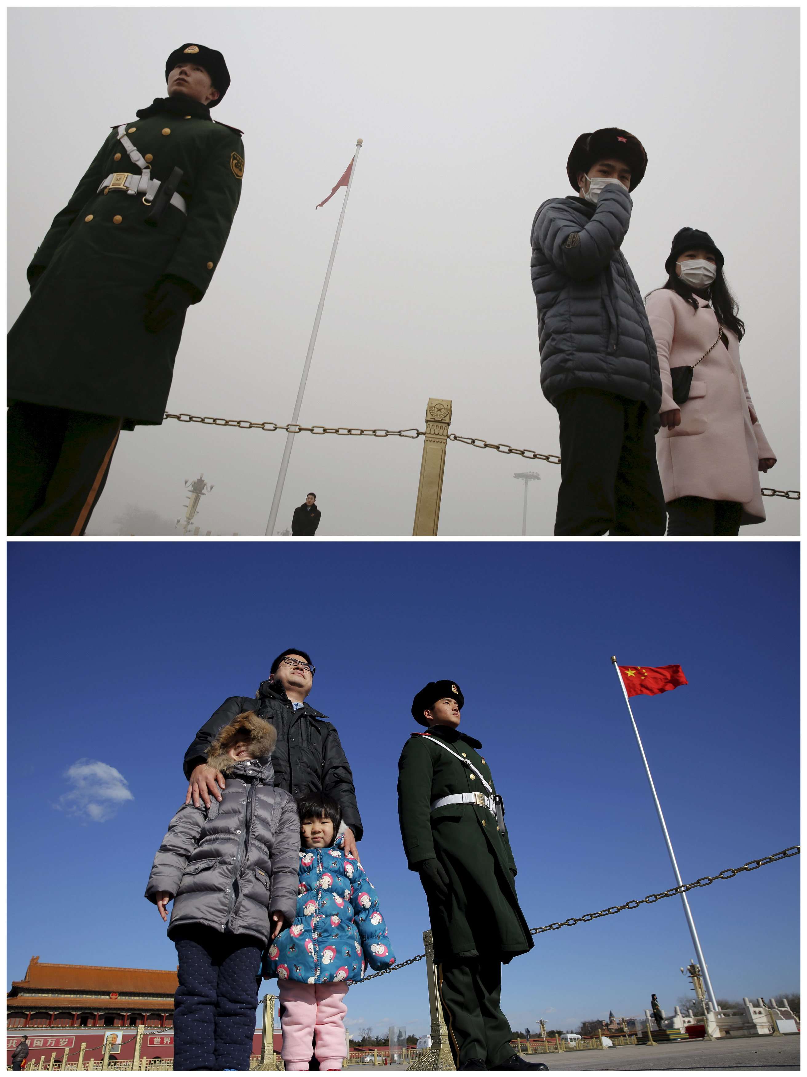 This photo combo shows visitors standing next to a paramilitary policeman as they visit the Tiananmen Square on a smoggy day and a sunny day.