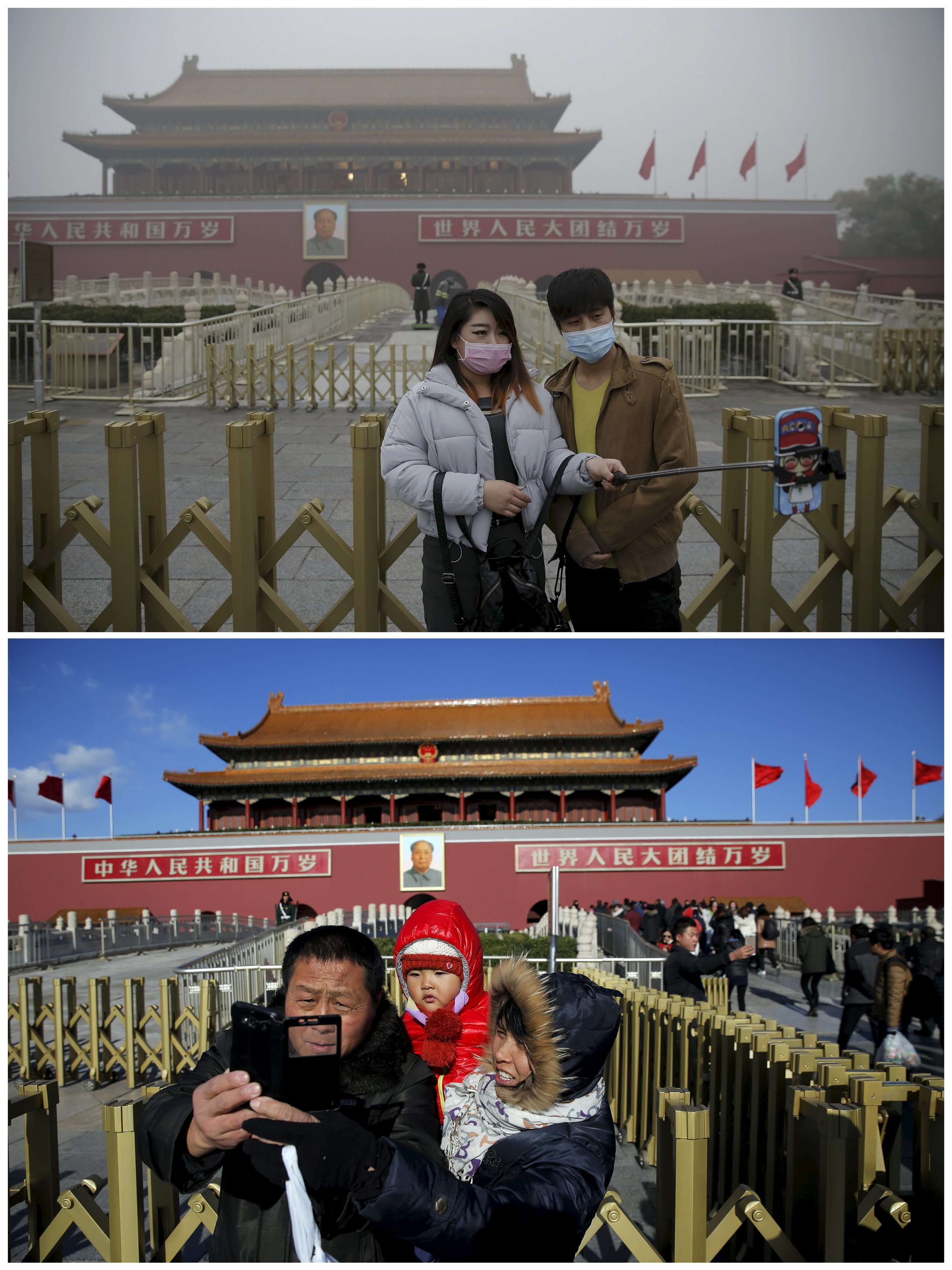 This photo combo shows visitors posing for photographs in front of the Tiananmen Gate and the giant portrait of Chinese late Chairman Mao Zedong on a smoggy day and a sunny day.