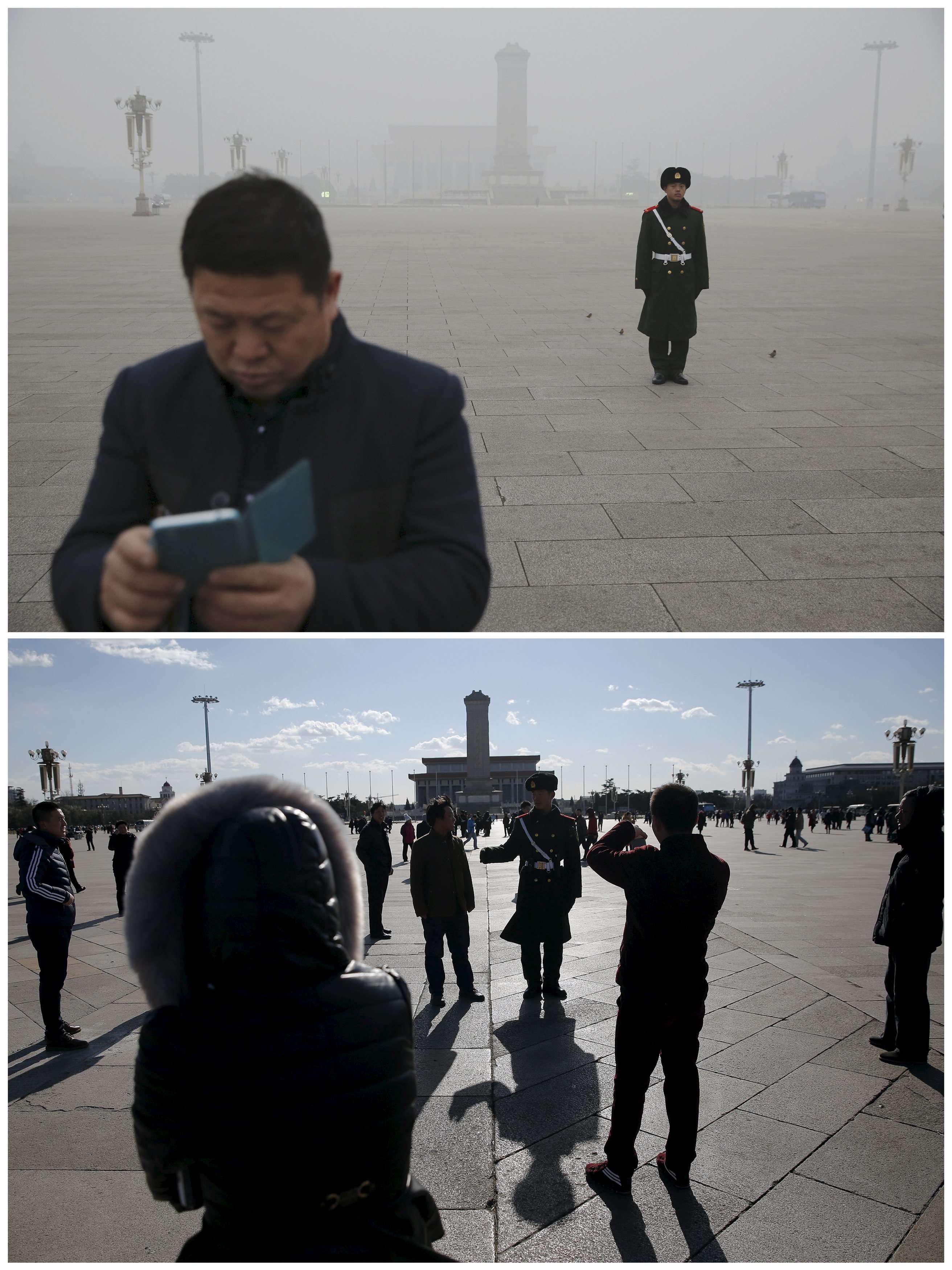 This photo combo shows visitors standing next to a paramilitary policeman as they visit the Tiananmen Square on a smoggy day and a sunny day.