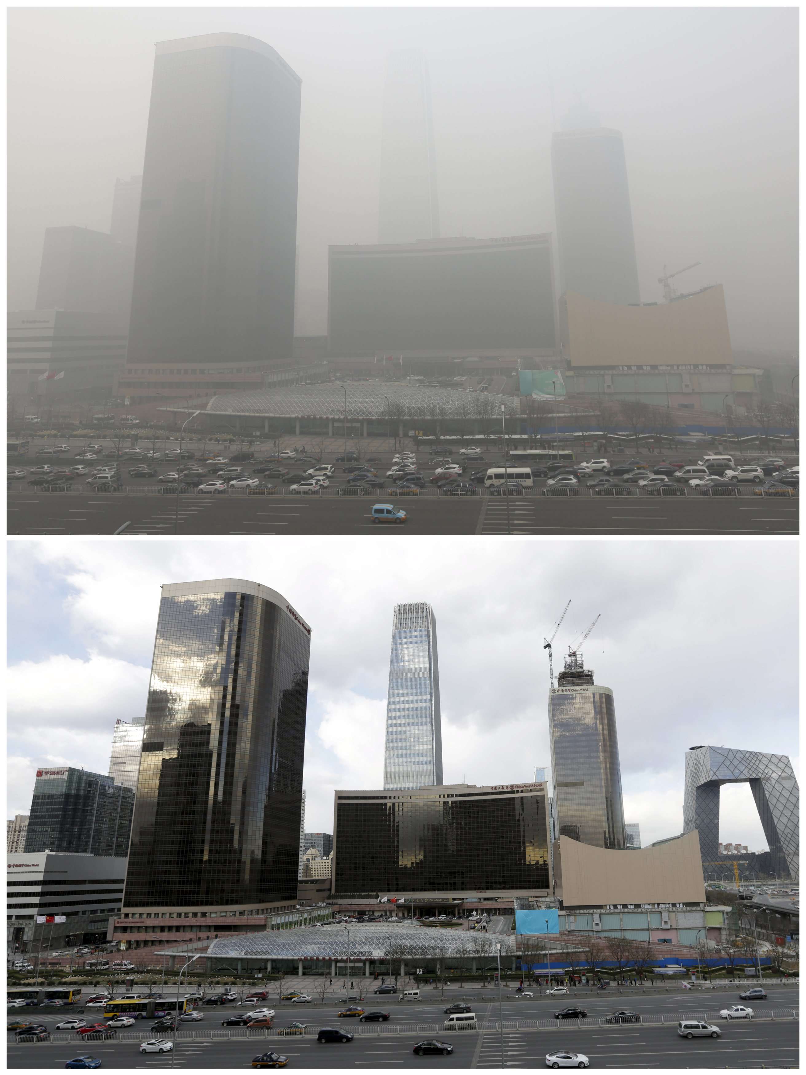 This photo combo shows vehicles traveling past the Central Business District (CBD) area on a smoggy day and a sunny day.