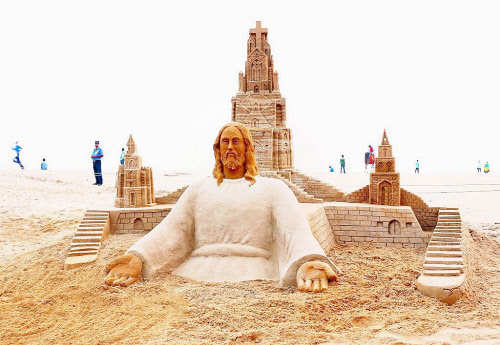 A sand sculpture of Jesus Christ by artist Sudarsan Pattanik in Puri, Odisha (Photo Courtesy: PTI)