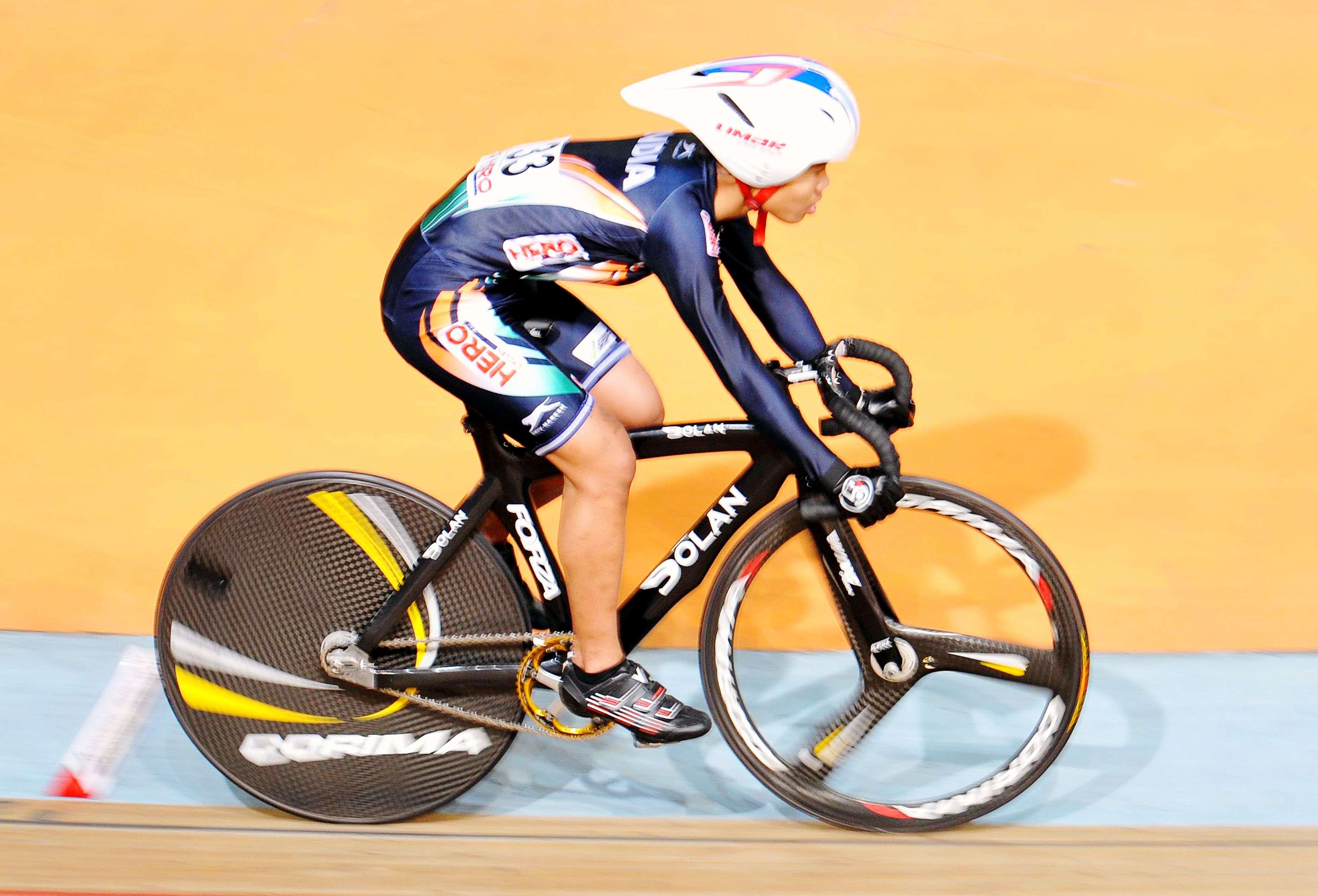 India's Deborah competes in the finals of women's juniors of 500m time trial-Women junior event during the Asian Cycling Championship in New Delhi on Thursday. PHOTO BY SANJEEV RASTOGI