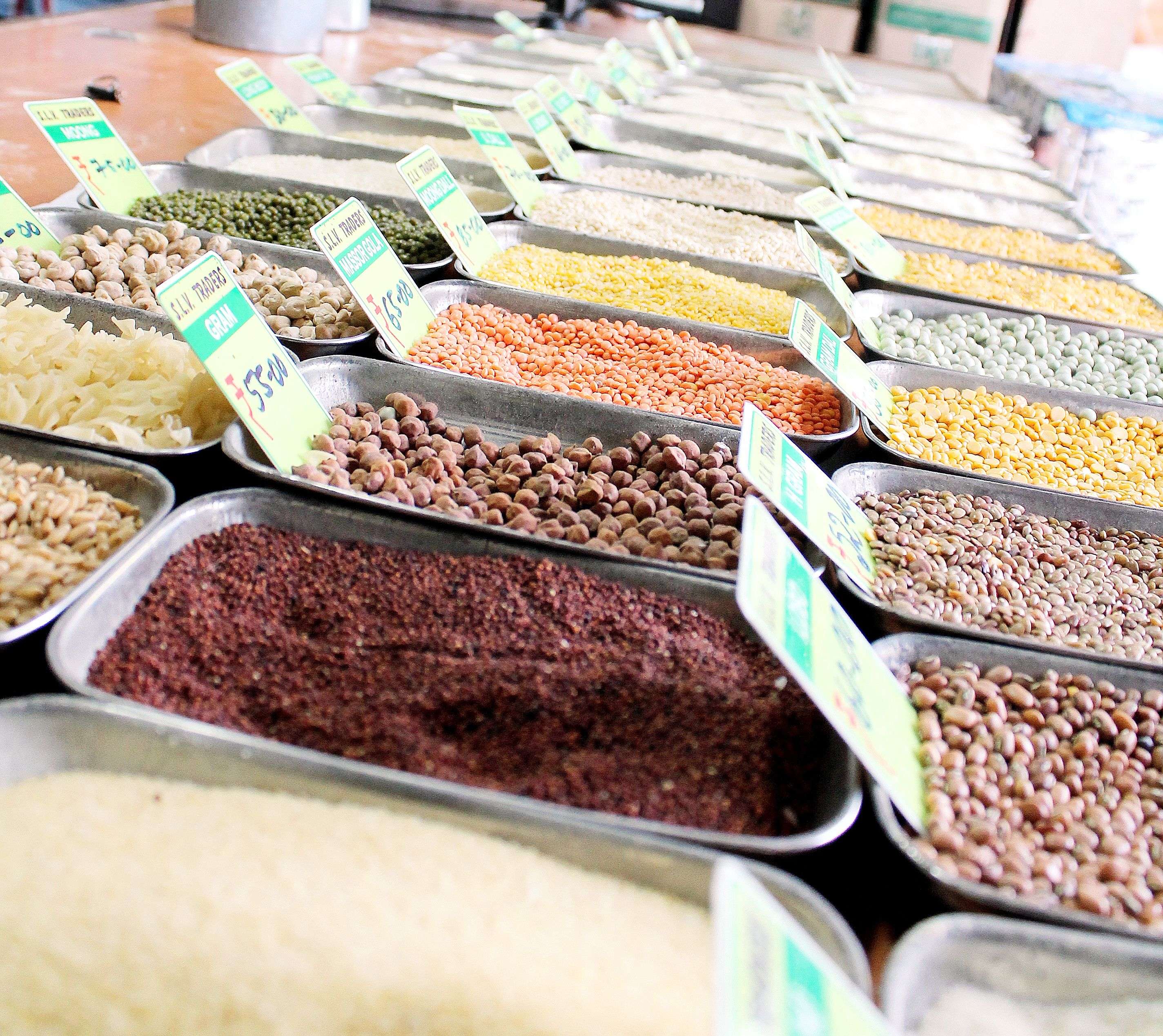 Pulses in a grossery shop in Bangalore on Monday