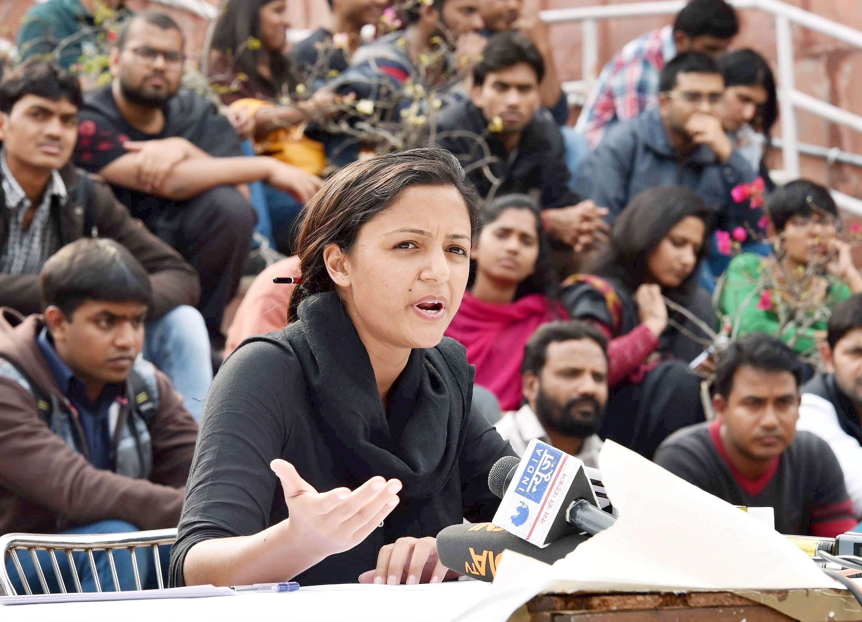 JNUSU Vice President Shehla Rashid while addressing a press conference  Photo Courtesy: PTI/ Kamal Singh