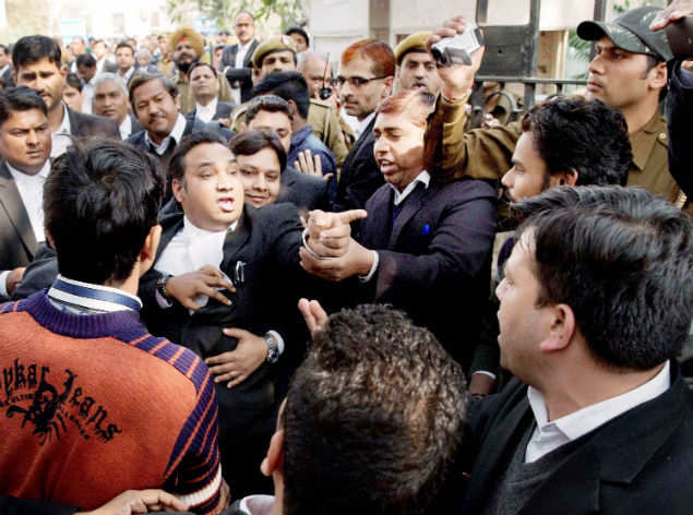 Lawyers clash among themselves at Patiala House Courts where JNUSU president Kanhaiya Kumar was being produced in New Delhi on Wednesday