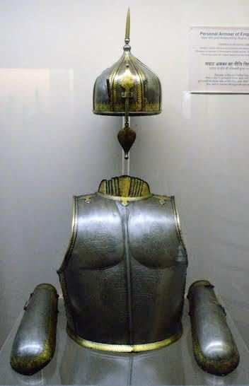 (Personal body armour of Emperor Akbar with helmet, cuirass and elbow guards.)